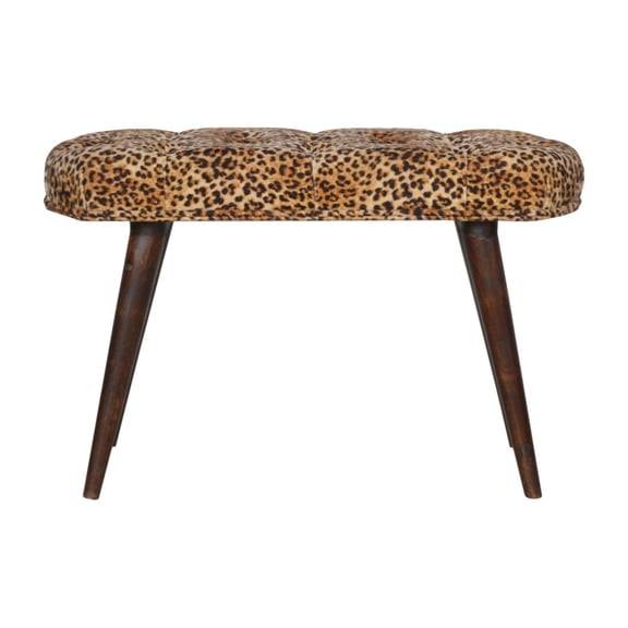 Leopard Print Deep Button Bench | Walnut Wood & Fabric Upholstered Ottoman Stool | 30.7" L x 13.8" W | India Made Home Decor Accent for Living Room, Bedroom, Entryway