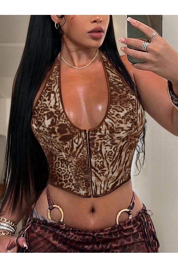 Leopard Print Deep V Halter Bustier With Front Zipper Cropped Top Multicolor-3