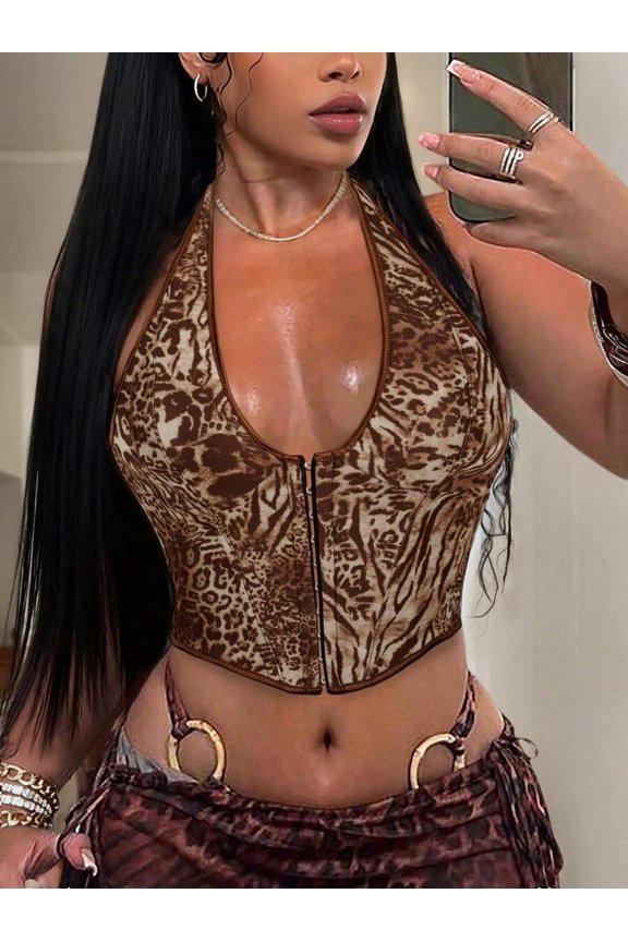 Leopard Print Deep V Halter Bustier With Front Zipper Cropped Top Multicolor-3