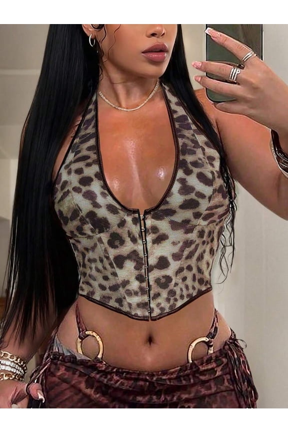 Leopard Print Deep V Halter Bustier With Front Zipper Cropped Top Multicolor