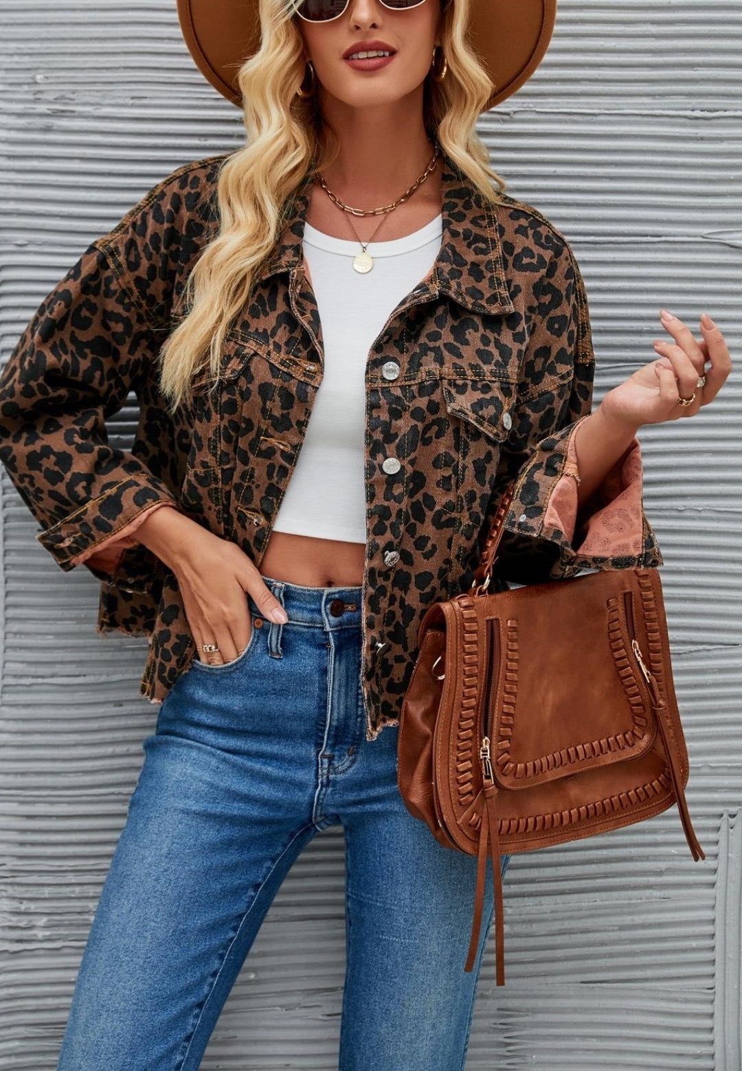 LEOPARD ACCENT DENIM JACKET