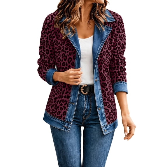 Leopard Print Denim Jacket For Long Sleeve Casual Button Up Coat With Relaxed Fit For Autumn Streetwear Outerwear