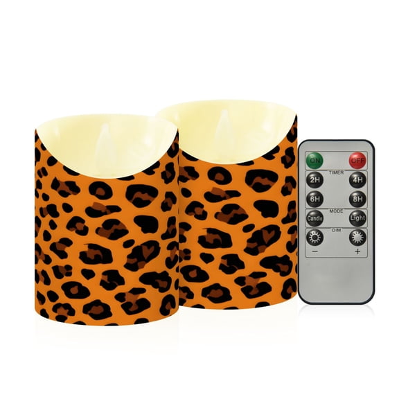 Leopard Print Design Flameless Candles 2 PCS with Remote Realistic Moving Flame LED Tapered Pillar Set for Home Decor