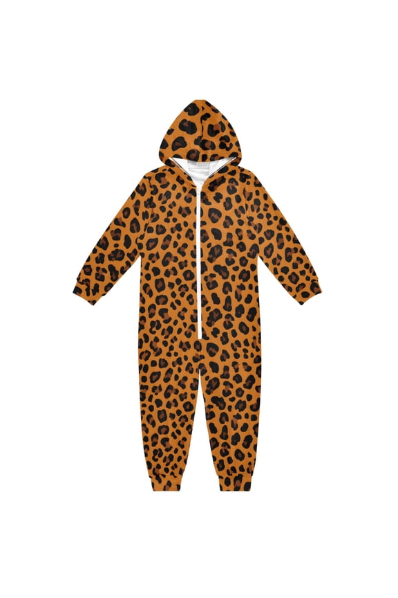 Leopard Print Design One Piece Pajamas Soft Jumpsuit Cozy Sleep and Play Romper Zipper and Pockets 5-6T