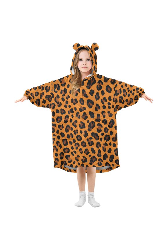 Leopard Print Design Wearable Blankets Hoodie Oversize Sherpa Wearable Soft Blanket Warm Cozy 3-14 Age