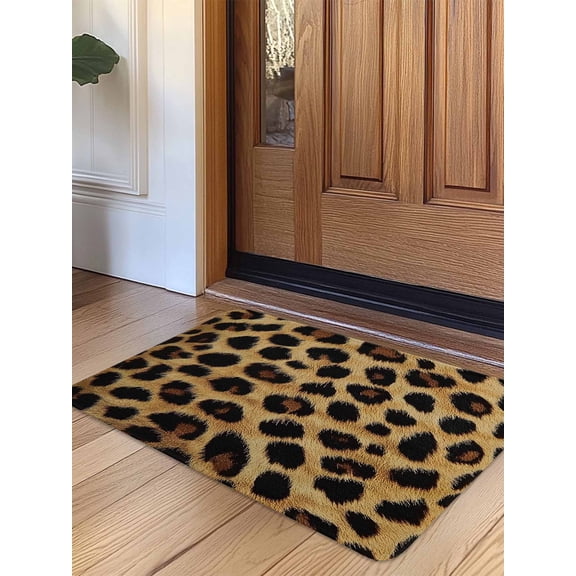 Leopard Print Door Mat Indoor Outdoor Entrance, Non Slip Small Rug for Kitchen Bathroom Entryway Rug, Brown Yellow Retro Animal Fur Pattern Washable Doormat Floor Mat for Office 16x24 Inch