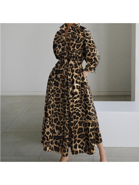 Leopard Print Dress for Women Trendy Fall Spring Wedding Guest Chiffon Button Up Shirts Long Sleeve Maix Dresses (5XL, Coffee)