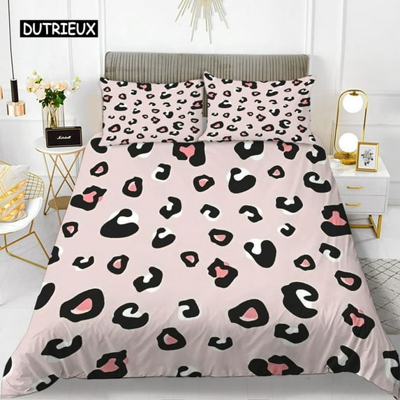 Leopard Print Duvet Cover Set Pink Girly Chic Cheetah Print Bedding Set for Boy Teen Polyester Wild