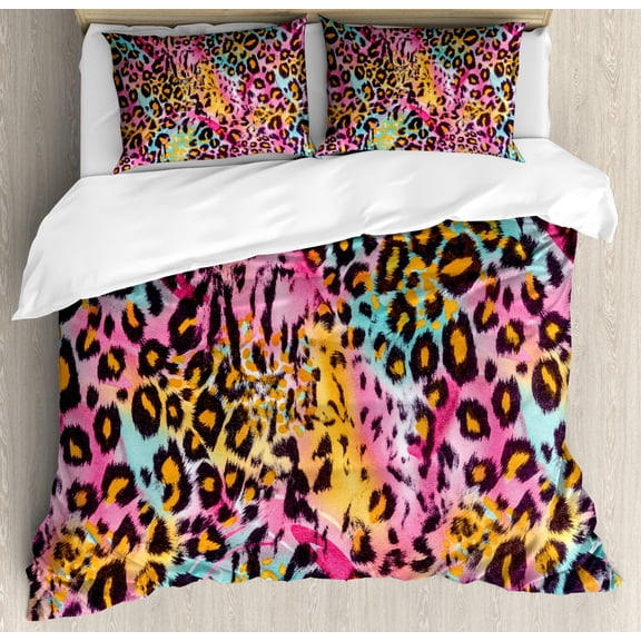 Leopard Print Duvet Cover Set Queen Size, Mottled Exotic Panthera Skin Pattern Colorful Camouflage Style Safari Theme, Decorative 3 Piece Bedding Set with 2 Pillow Shams, Multicolor, by Ambesonne
