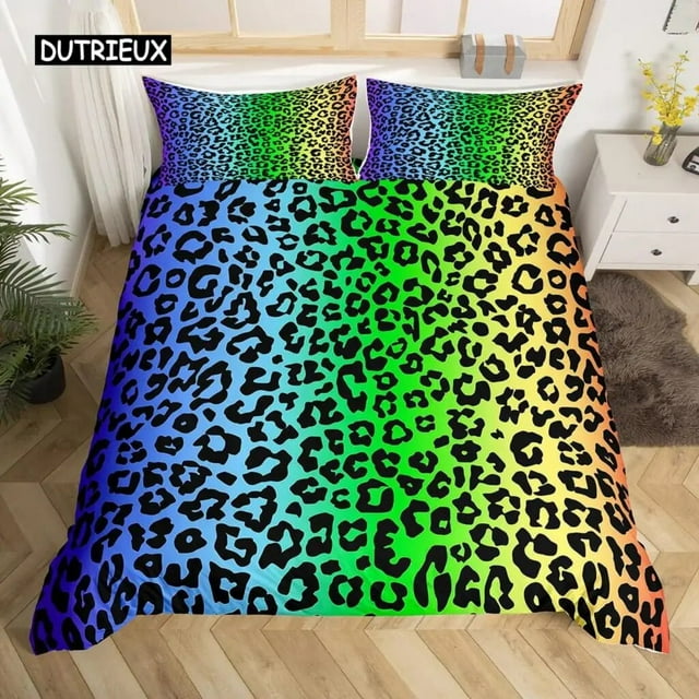 Leopard Print Duvet Cover Set Size Red Floral Petal Pattern Comforter Cover Branches Green Leaf