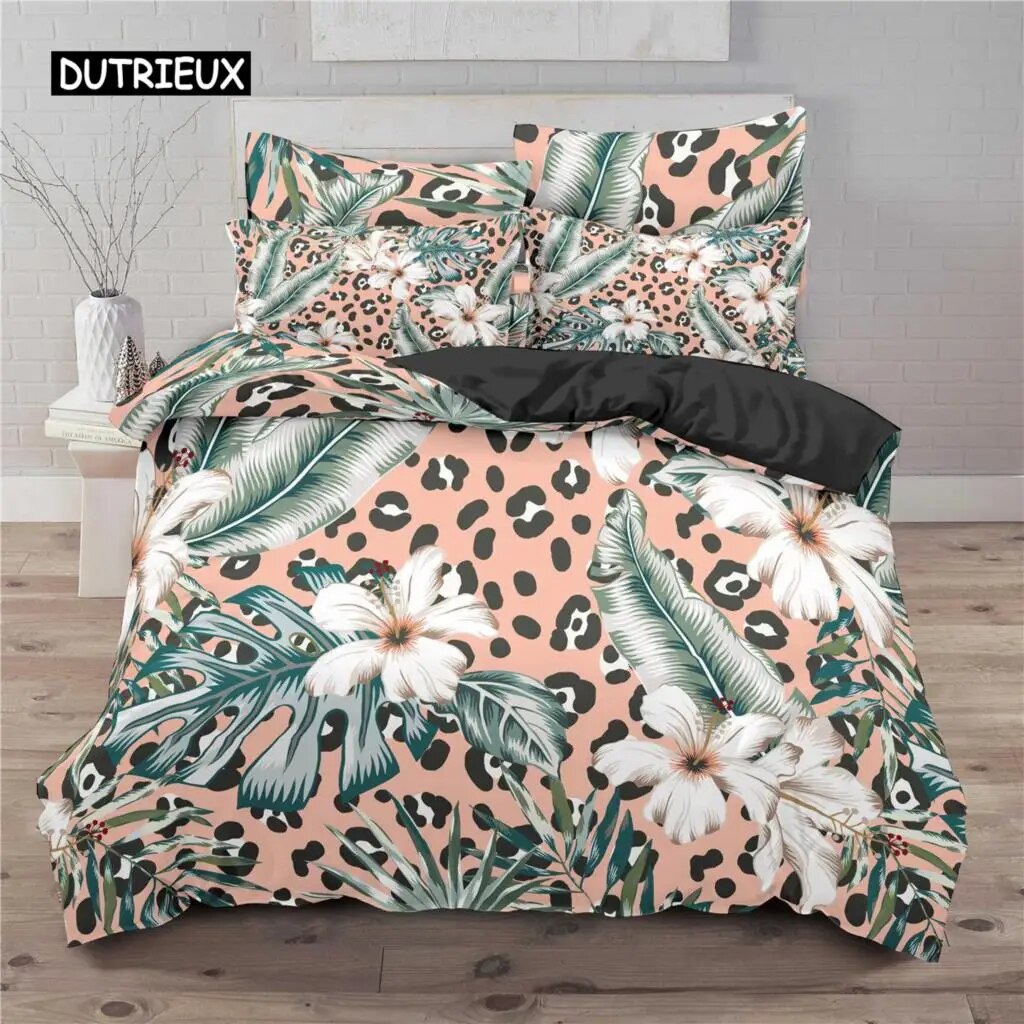 Leopard Print Duvet Cover Set Tropical Plant Flower Print Bedding Set