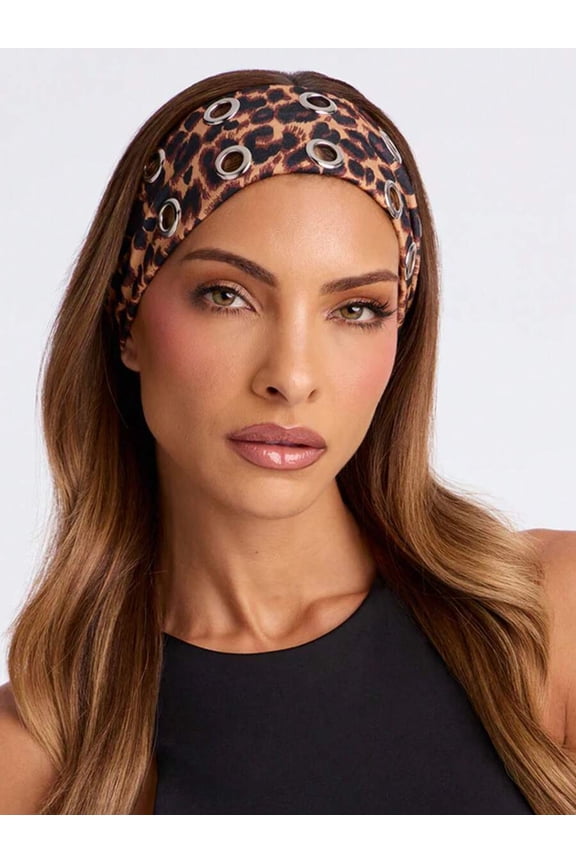 Leopard Print Elastic Headband With 8 Silver-Tone Grommets, Punk Style, 1pc
