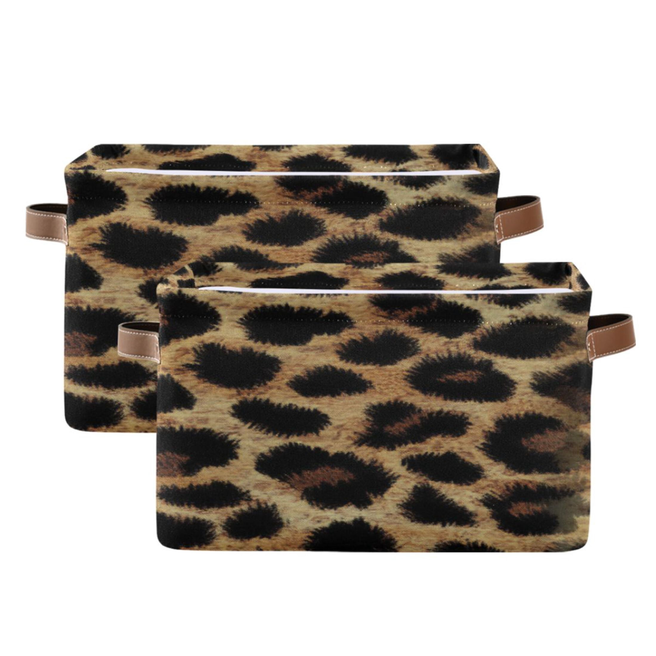 Leopard Print Fabric Texture Foldable Storage Basket,Canvas Fabric Foldable Storage Bins with Handles Open Home Storage Bins Boxes for Toy Book Shelf Closet Baskets