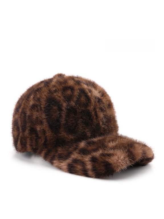 Leopard Print Faux Fur Baseball Cap, Winter Thick Plush Peaked Cap, Soft Warm Fluffy Hat for Daily Outdoor
