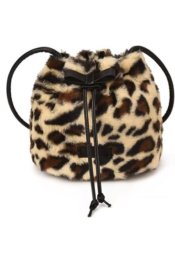 Winter Cheetah Print Crossbody Bag - Mini Faux Fur Drawstring Bucket Bag, Plush Leopard Shoulder Bag for Women, Retro Party & Holiday Season Purse(XX)