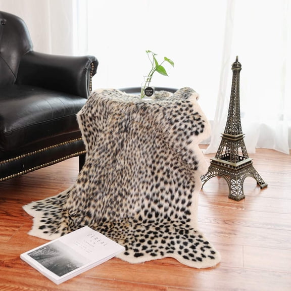 Leopard Print Faux Fur Sheepskin Rug, Soft Shaggy Area Floor Carpet Mat, 40 x 37 Inch