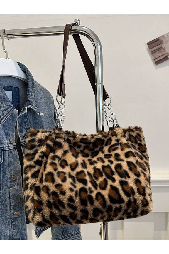 Leopard Print Faux Fur Tote Bag With Chain Strap Multicolor