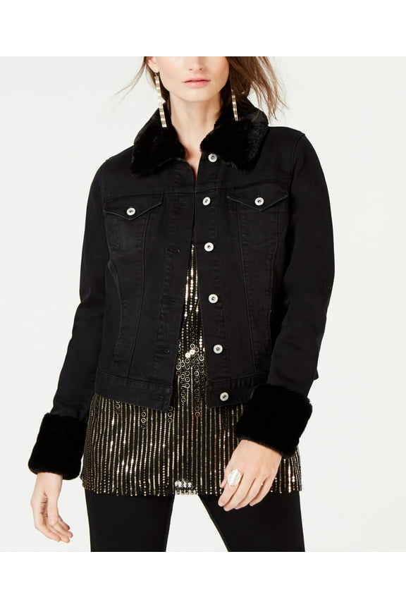 Leopard Print Faux Fur Trim Denim Jacket Black L