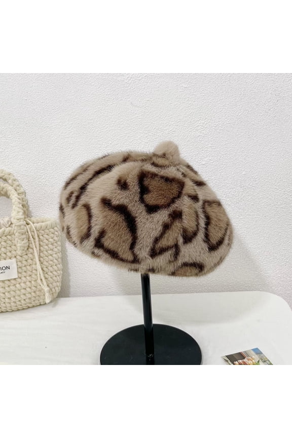 Leopard Print Faux Mink Fur Beret Hat Women Winter Warm Face Slimming Cap