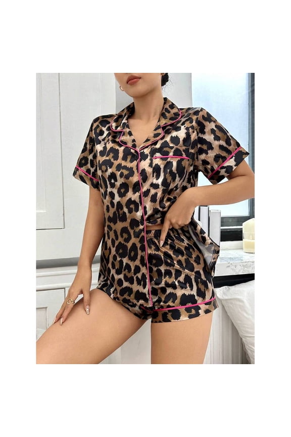 Leopard Print Faux Silk Pajama Set With Pink Trim Multicolor