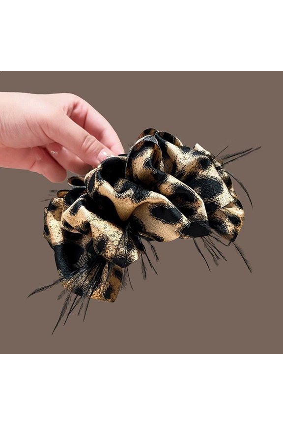Leopard Print Feather Hair Claw Clip, Retro Elegant Large Shark Clip for Updos-25# coffee leopard feather clip