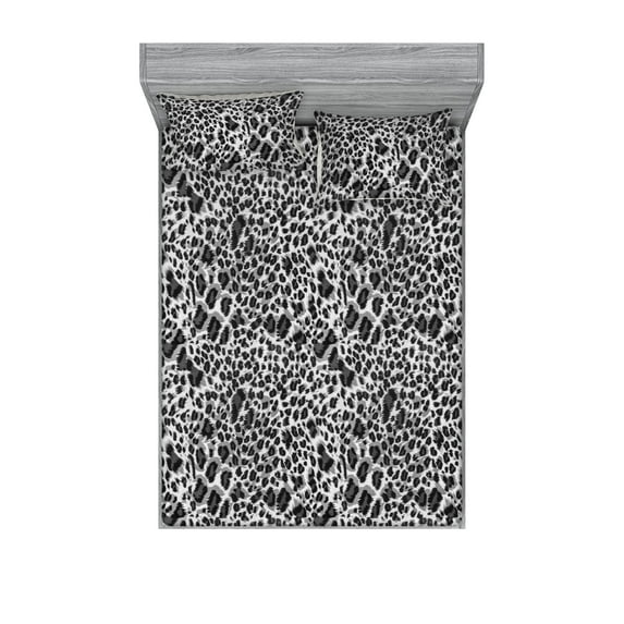Leopard Print Fitted Sheet & Pillow Sham Set, Achromatic Colors of Repeating Wild Cat Blots and Spots Grayscale Pattern, Decorative Printed 3 Piece Bedding Decor, Queen, Black and Grey, by Ambesonne