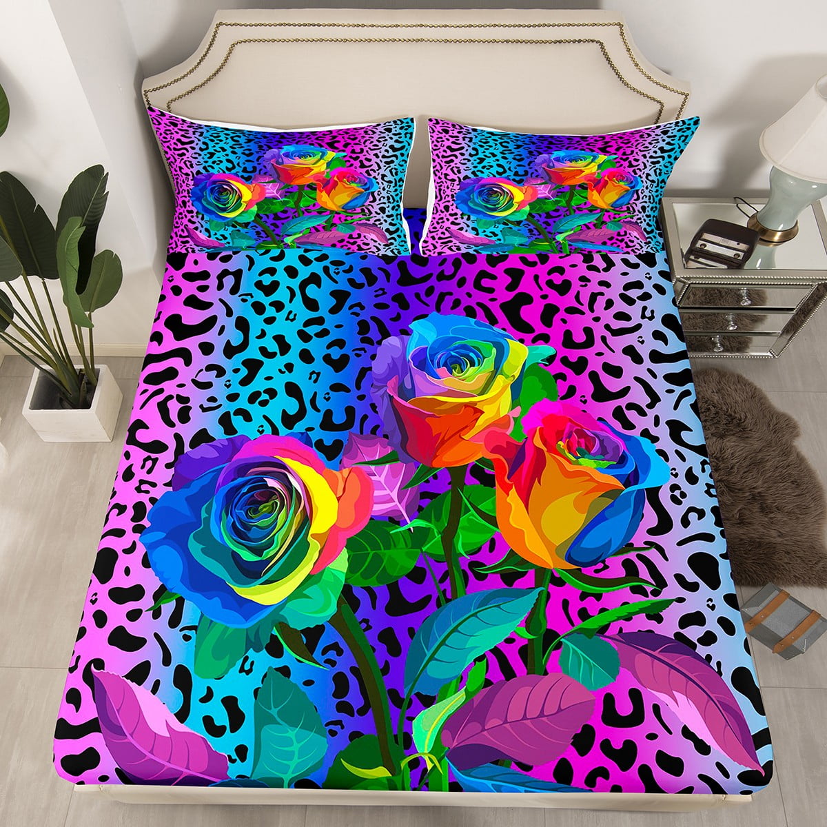 Leopard Print Fitted Sheet Watercolor Rose Flowers Bed Sheets Twin