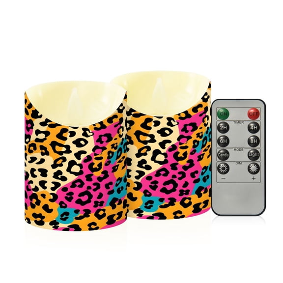 Leopard Print Flameless Candles 2 PCS with Remote Realistic Moving Flame LED Tapered Pillar Set for Home Decor