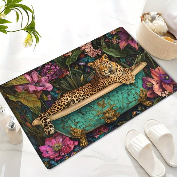 Leopard Print Flannel Bath Mat Plush Non Slip Absorbent Rug Modern Home Decor 2D Flat