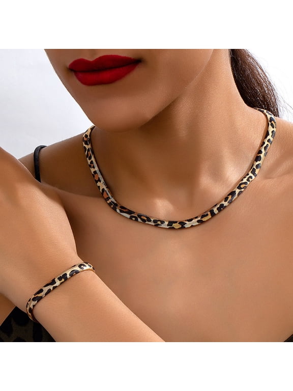 Leopard Print Flat Snake Chain Jewelry Set, Dainty Choker Necklace & Stackable Bangle Bracelet, Trendy Animal Print Herringbone Jewelry for Women Daily Party Wear
