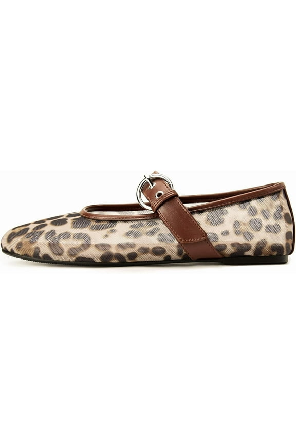 Leopard Print Flats for Women, Mesh Round-Toe Comfort Flats with Ankle Strap, Breathable Design
