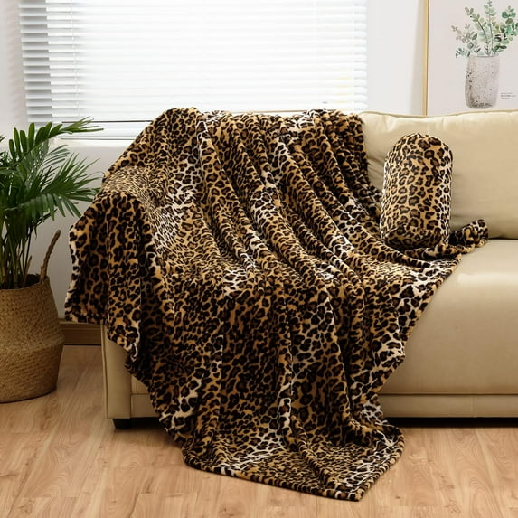 Leopard Print Fleece Flannel Throw Blanket with Leopard Storage Pouch,300 GSM Double Sided Bed Throw,Lightweight Fuzzy Sofa Blanket for Adults and Kids,Super Soft Flannel Throw