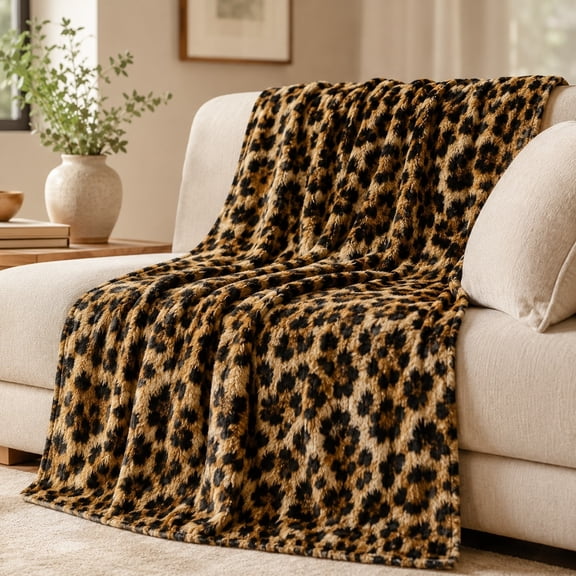 Leopard Print Fleece Throw Blanket, 280 GSM Polyester, Soft Sofa Blanket