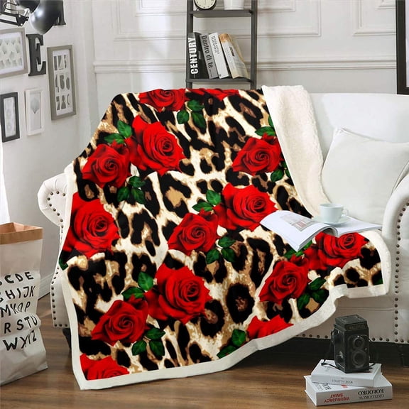 Leopard Print Fleece Throw Blanket Rose Flower Plush Blanket for Couch Bed Sofa Room Decor Red Floral Petal Pattern Sherpa Blanket Branches Green Leaf Cheetah Print Flannel Blanket Throw 50x60 Inch