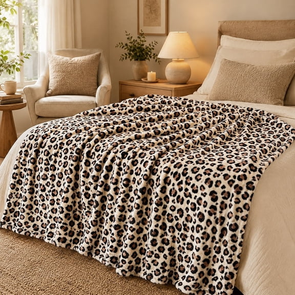 Leopard Print Fleece Throw Blanket, Soft 280 Gsm Polyester, Home Decor for Couch, Sofa & Bed