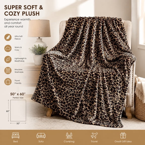 Leopard Print Fleece Throw Blanket for Bed Sofa Travel Camping, Super Soft Cozy Plush Cheetah Print Blanket 60"x80" Mocha Brown