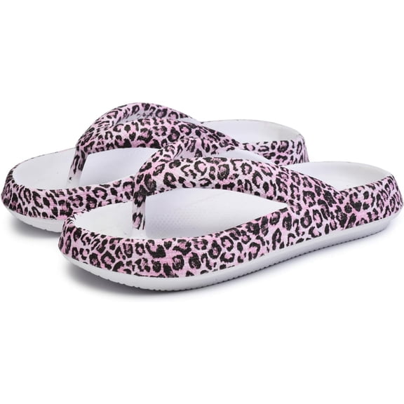 Leopard Print Flip Flops for Women & Men, EVA Soft Cloud Pillow Sandals, Non-Slip Platform Slippers, Cushioned Thong Slides for Indoor & Outdoor, Large Size ，Beige, Gray, Pink, and Black
