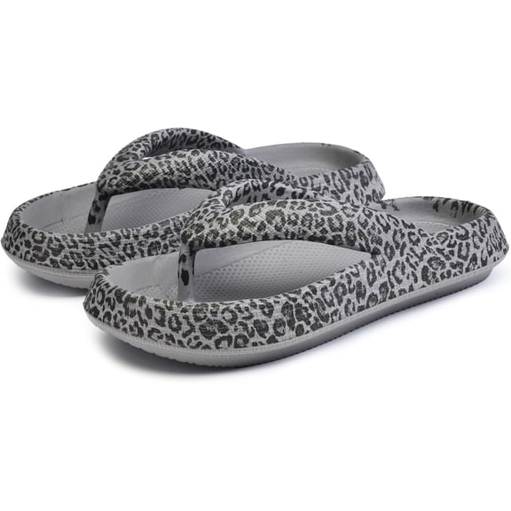 Leopard Print Flip Flops for Women & Men, EVA Soft Cloud Pillow Sandals, Non-Slip Platform Slippers, Cushioned Thong Slides for Indoor & Outdoor, Large Size ，Beige, Gray, Pink, and Black
