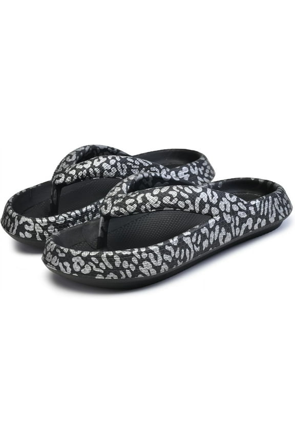 Leopard Print Flip Flops for Women & Men, EVA Soft Cloud Pillow Sandals, Non-Slip Platform Slippers, Cushioned Thong Slides for Indoor & Outdoor, Large Size ,Beige, Gray, Pink, and Black