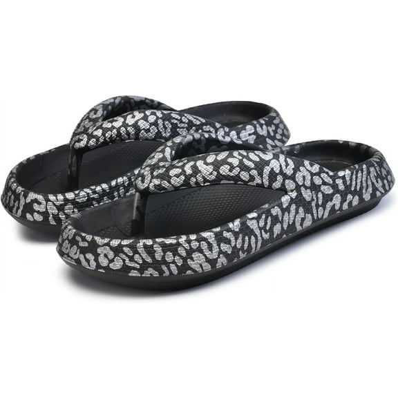 Leopard Print Flip Flops for Women & Men, EVA Soft Cloud Pillow Sandals, Non-Slip Platform Slippers, Cushioned Thong Slides for Indoor & Outdoor, Large Size ,Beige, Gray, Pink, and Black