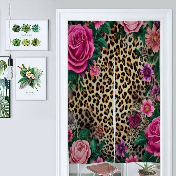 Leopard Print Floral Pink Roses Door Curtain Nordic Living Room DoorCurtain Porch Partition Curtain Kitchen Rative Half Curtain