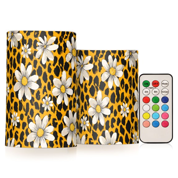 Leopard Print Flower Pattern Flameless LED Candle Set with Remote, Battery Operated Color Changing Pillar Candles, Set of 2