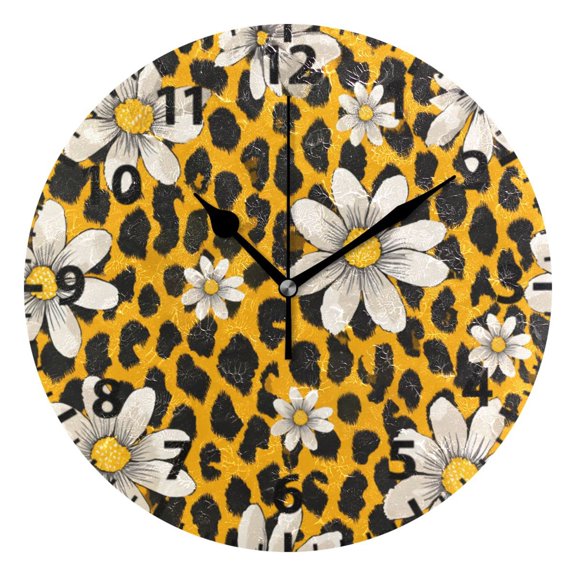 Leopard Print Flower Pattern Wall Clock 10in Round Artistic Oil Painting Home Decor Desk Table Clock