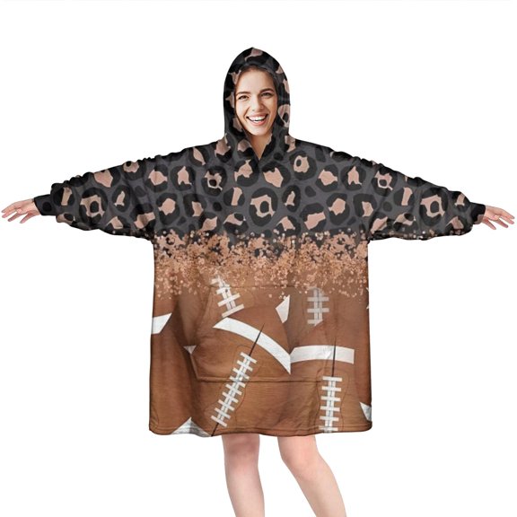 Leopard Print and Footballs Pattern Wearable Oversized Blanket,Wearable Blanket Hoodie for Adults,Cozy Hooded Blankets with Super Pockets,Super Warm Fuzzy Pullover for Women & Men