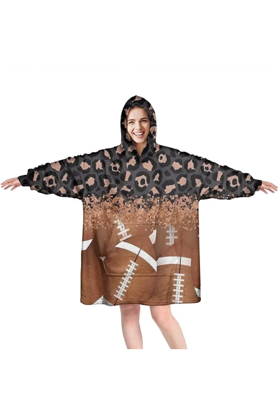 Leopard Print and Footballs Pattern Wearable Oversized Blanket,Wearable Blanket Hoodie for Adults,Cozy Hooded Blankets with Super Pockets,Super Warm Fuzzy Pullover for Women & Men