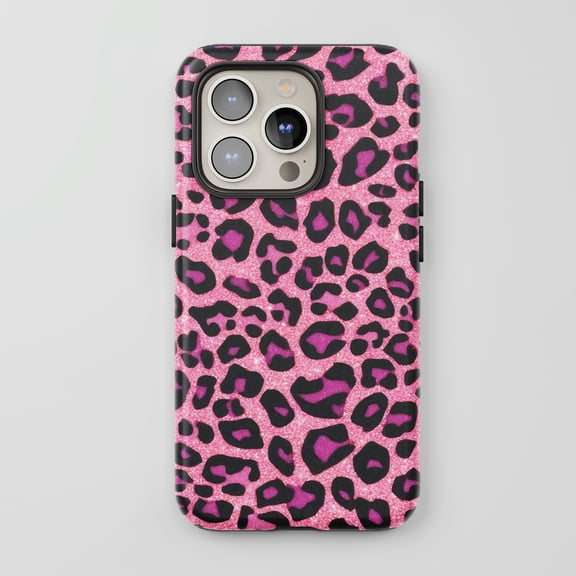 Leopard Print For All iPhone Series Tough Phone Case Glitter Pink Black