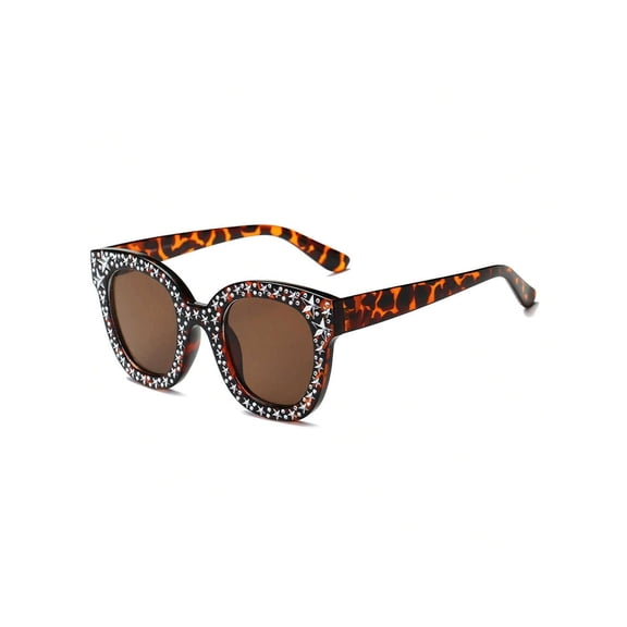 Leopard Print Frame Rhinestone-Star Square Sunglasses, UV Protection Brown Lenses, Trendy Fashion Shades for Driving & Travel