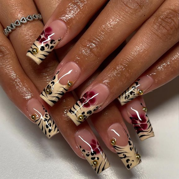 Leopard Print French Tip Press on Nails Long Square Fake Nails with 3D Gold Pearl Designs Glossy Red Flower Full Cover Glue On Nails Reusable Coffin Autumn Winter False Nails for Women 24Pcs