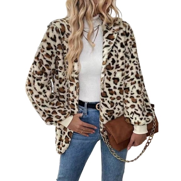 Leopard Print Fuzzy Outerwear Women'S Hooded Long Sleeves Fleece Jacket White XL