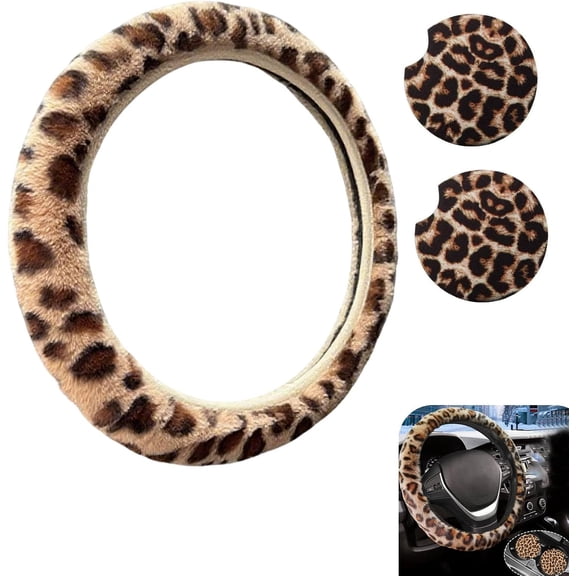 Leopard Print Fuzzy Steering Wheel Cover, Anti-Slip Warm Car Steering Wheel Covers with 2 Cup Holder Coasters, Universal Cheetah Car Interior Decoration Accessories for Men and Women